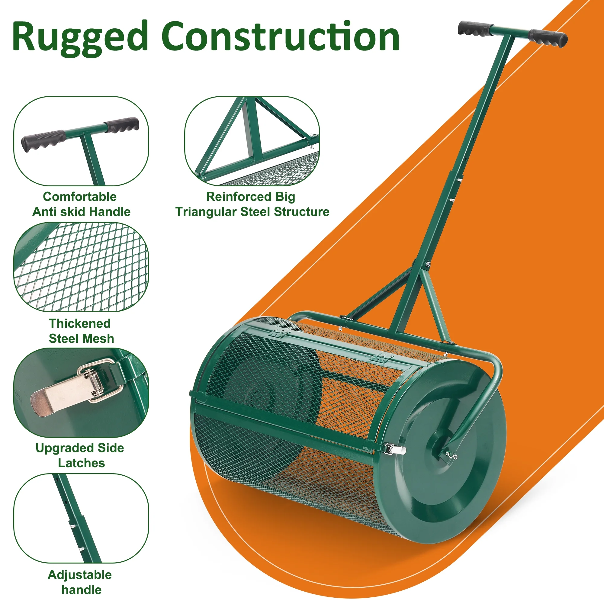 MUCHANT 24″ Compost Spreader, Heavy-Duty Metal Mesh Spreader with Adjustable Handle for Lawn, Green