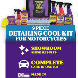 Wizards Motorcycle Cleaner Kits - 8 Piece Motorcycle Cool Kit - Saddlebag Sized Nylon Bag with Mist and Shine, Bug Release, Bike Wash, Shine Master, and Microfiber Cloth - 11 x 7 x 10.5 Inches