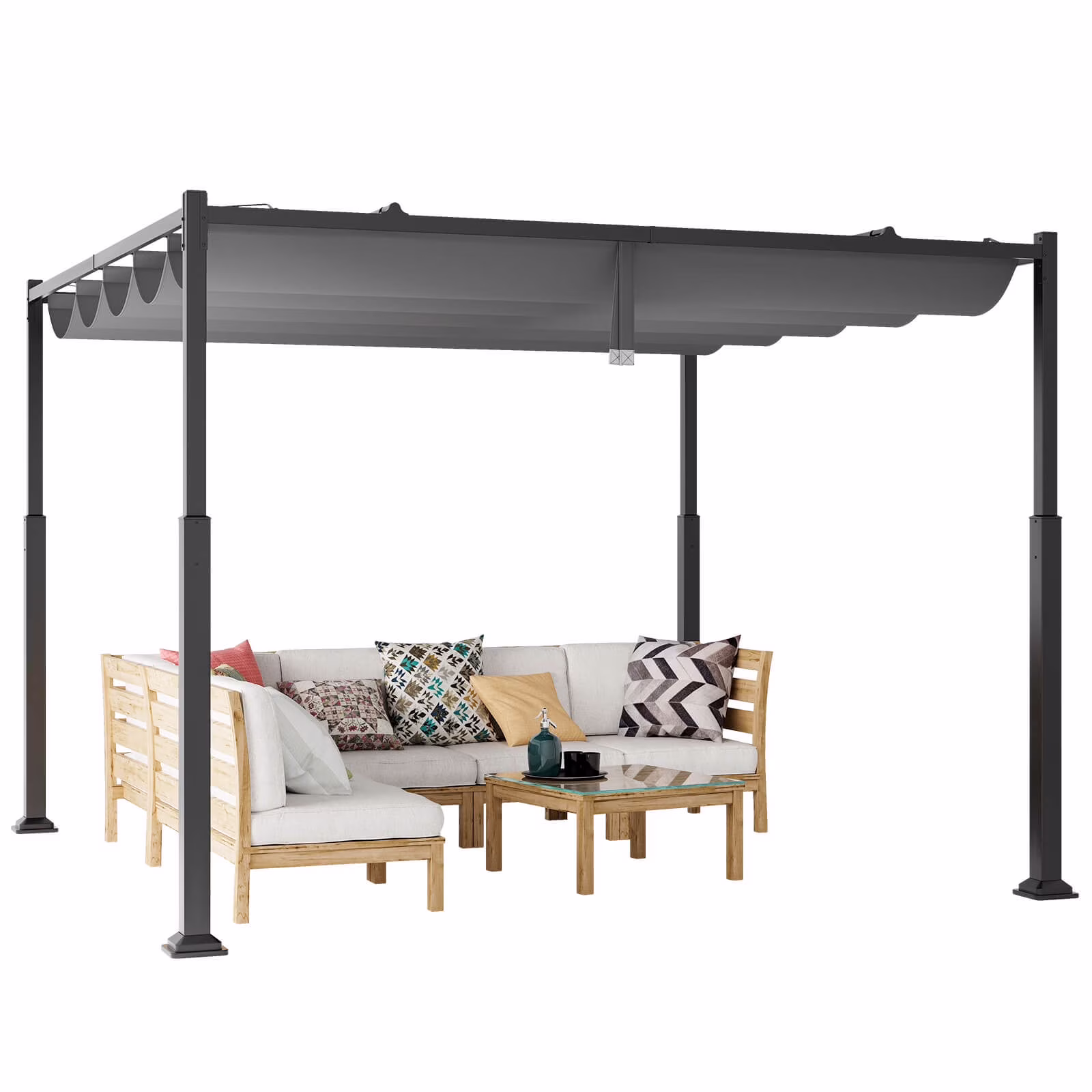 Costway 10′ x 10′ Outdoor Pergola with Retractable Canopy Heavy-Duty Metal Columns