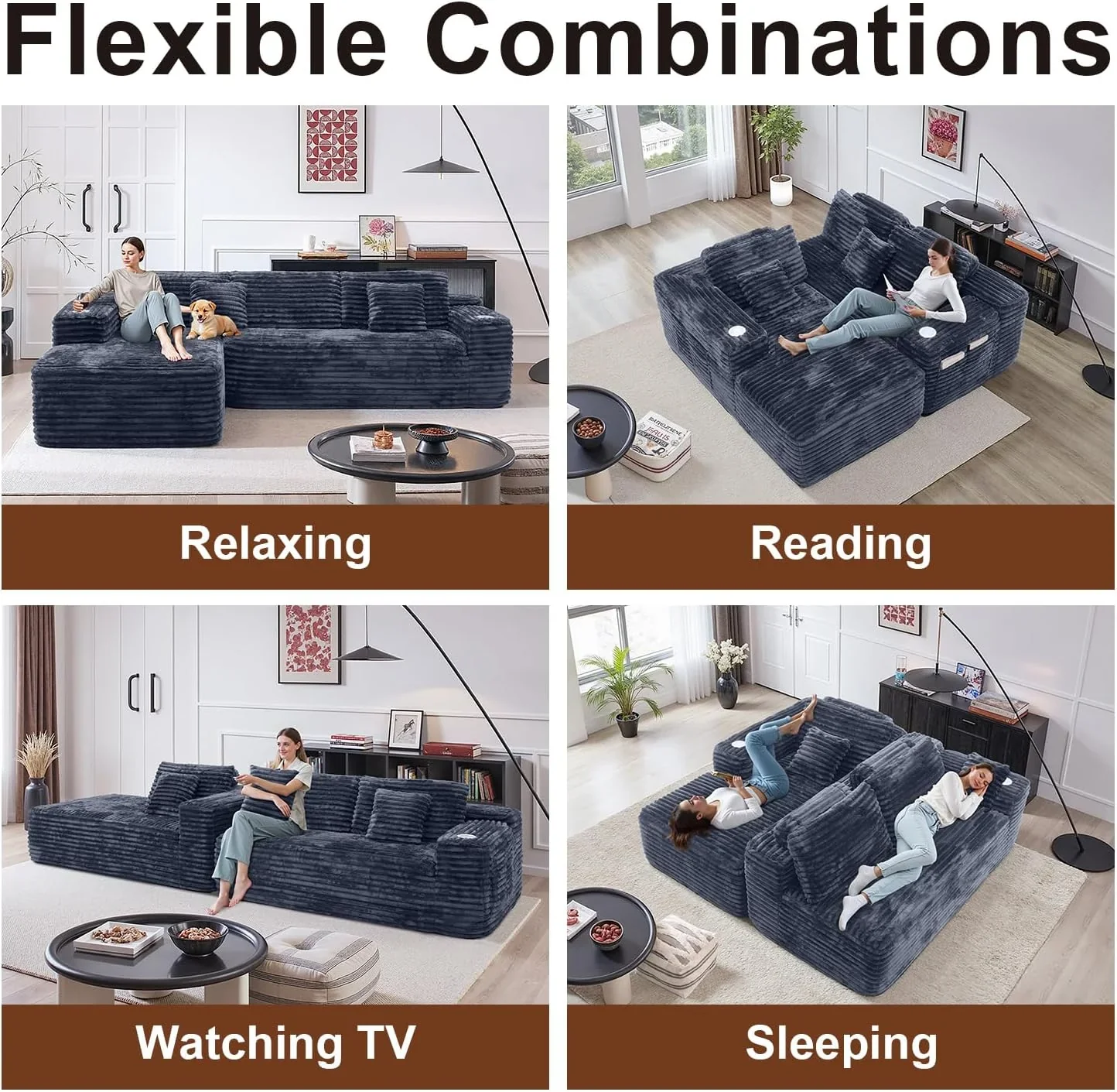 Cloud Sectional Couch with L-Shape Chaise Modern Modular Sofa Deep Seat Built-in Cup Holder