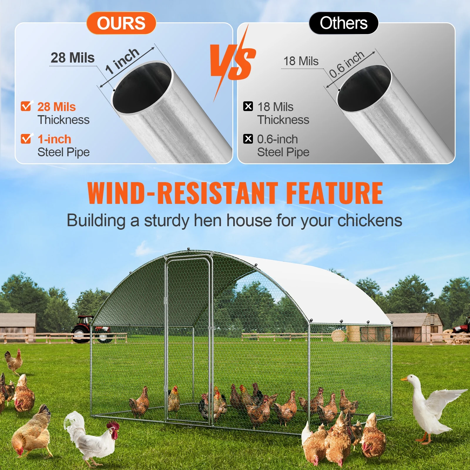 KFFKFF Metal Chicken Coop 9.8 x 6.5 x 6.5 ft Dome Roof Poultry Cage Chicken Run with Waterproof Cover Large Outdoor Walk in Chicken Coop Cage for Backyard, Farm