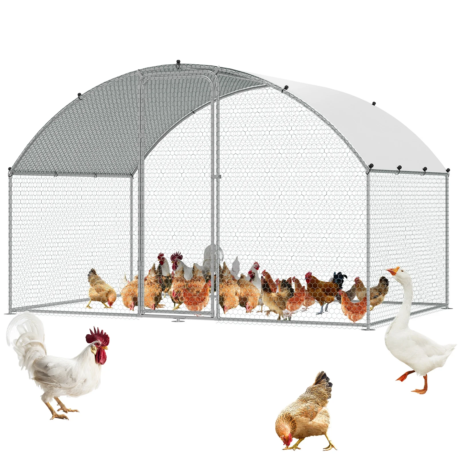 KFFKFF Metal Chicken Coop 9.8 x 6.5 x 6.5 ft Dome Roof Poultry Cage Chicken Run with Waterproof Cover Large Outdoor Walk in Chicken Coop Cage for Backyard, Farm