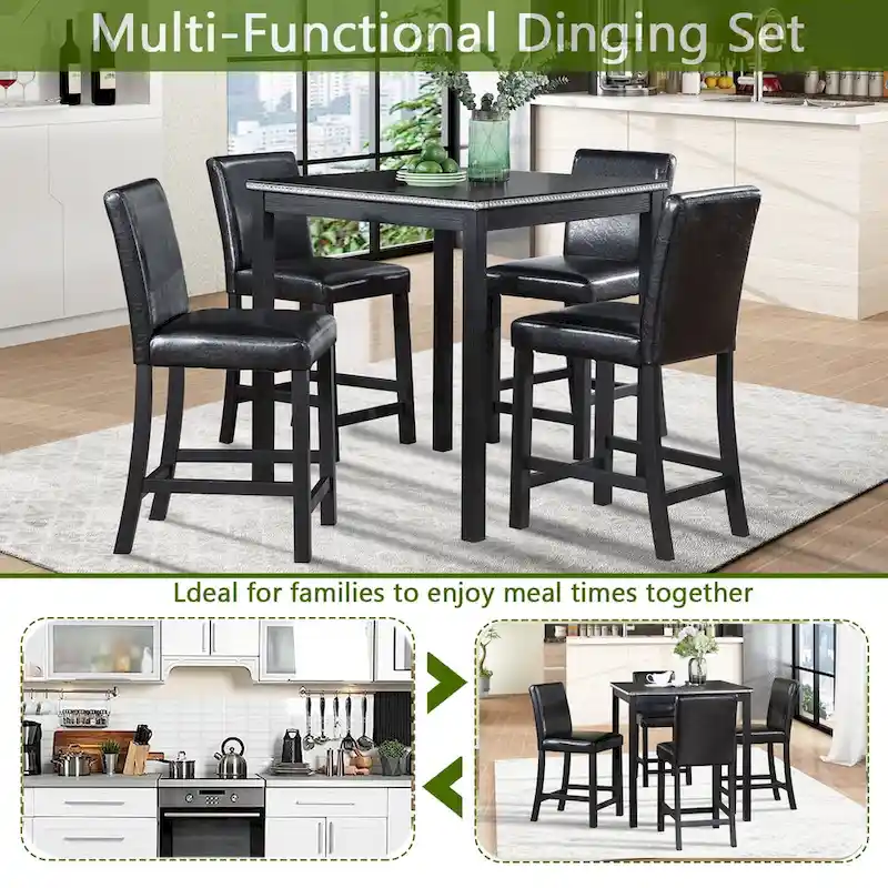 Modern 5-Piece Dining Set with Square Counter Height Table & 4 Upholstered Chairs