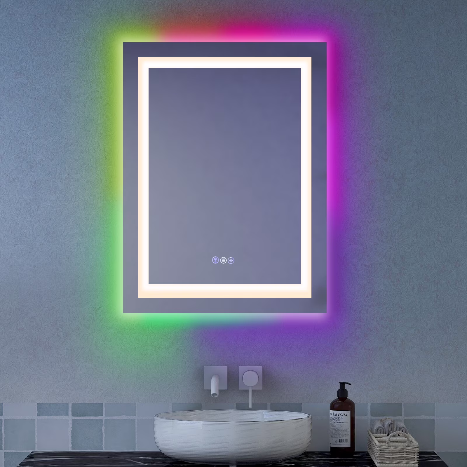 Costway 32” x 24” Bathroom Wall Mirror Makeup Mirror with Colorful Light Anti-Fog