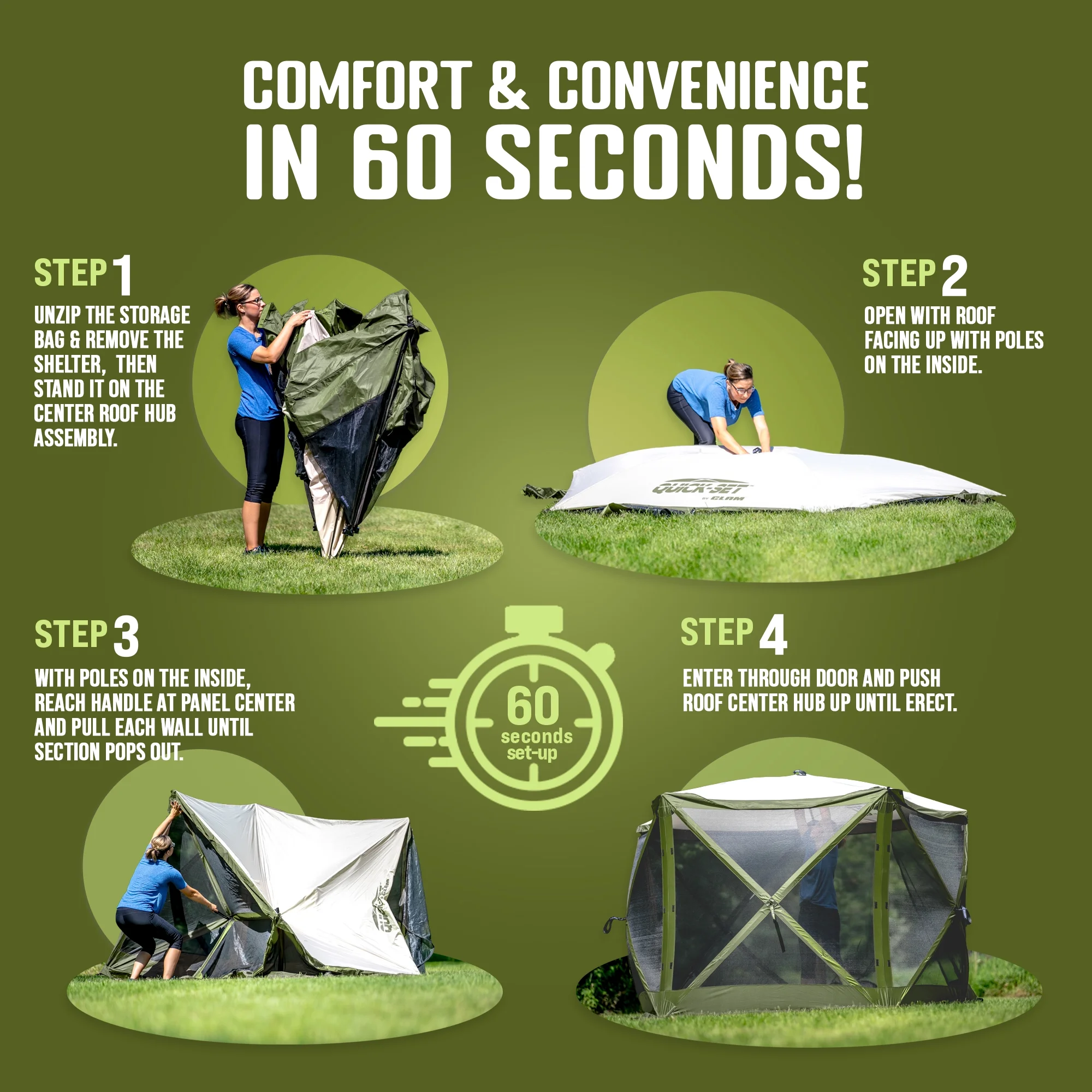 CLAM Quick-Set Pavilion 12.5 x 12.5' Portable Outdoor Canopy Shelter, Green