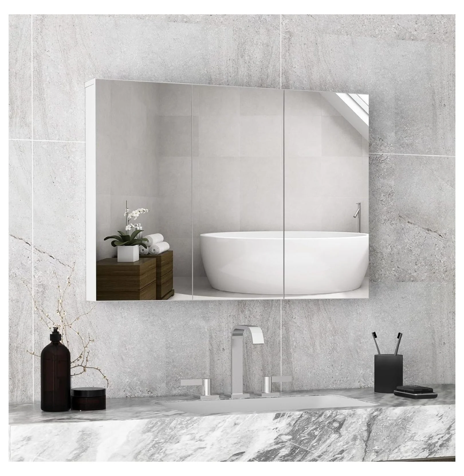 Mirrored Medicine Cabinet, Large Wide Wall Mounted Storage Cabinet with 3 Mirror Doors & Adjustable Shelf, Hanging Bathroom Organizer, White, 36 x 4.5 x 25.5 Inches