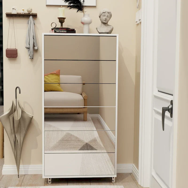 Mirror Shoe Cabinet With 6 Flip Drawers,Shoe Rack Organizer Store Ample Shoes,4 Metal Legs,Hand-Touch Flip-Out Door