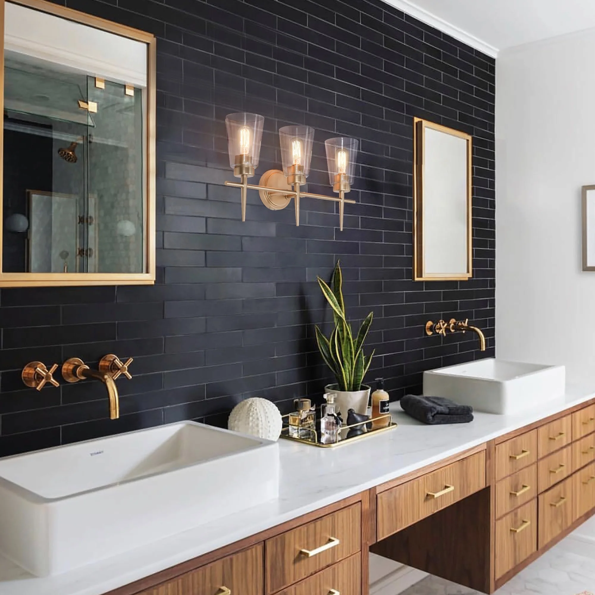 Modern 4/3/2-Light Farmhouse Linear Bathroom Vanity Lights Dimmable Wall Sconces with Clear Glass Shade L 20” 3-light L20″x W6″x H 11.5″ Painted 13