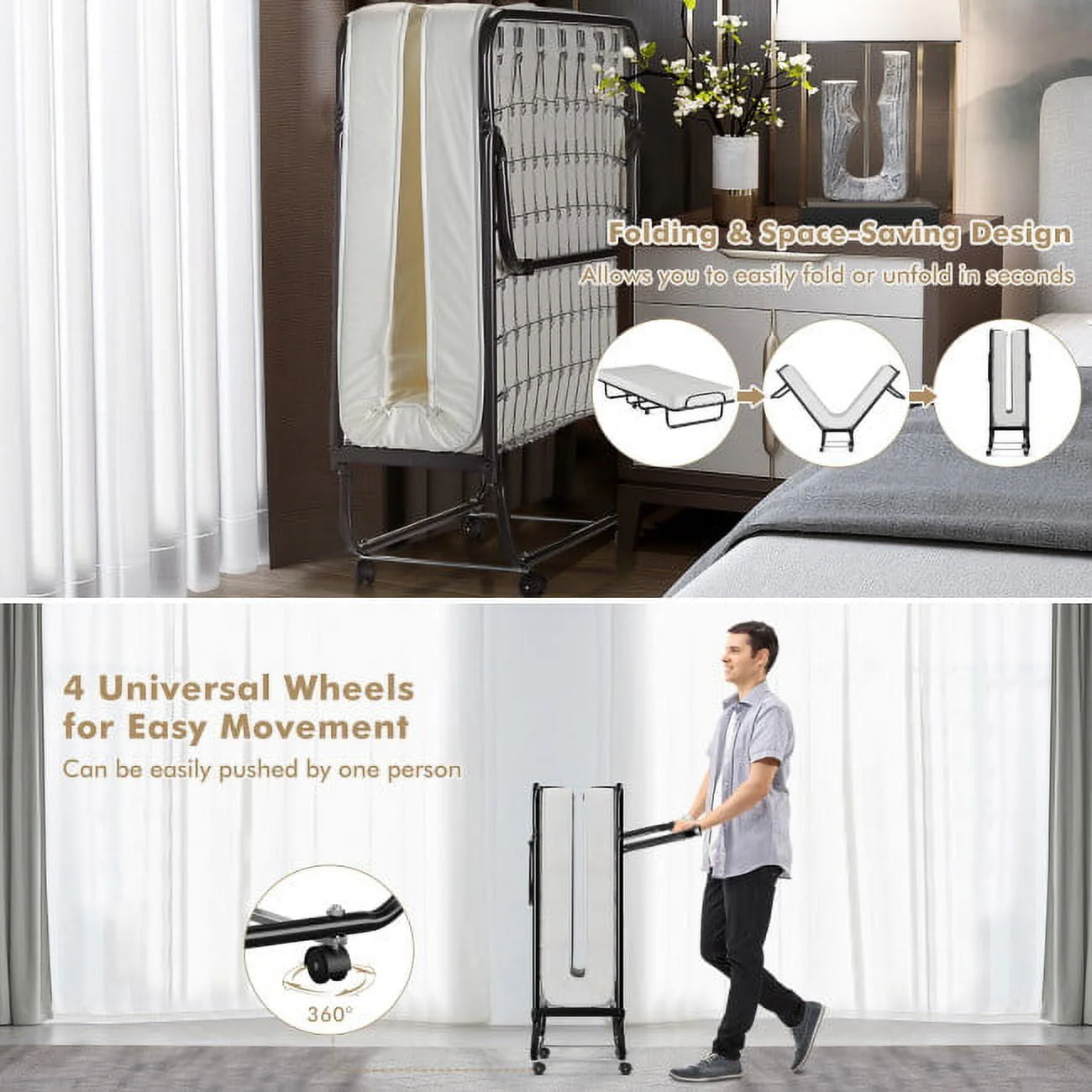 75″ x 31″ x 13″ Folding Bed with Mattress, Rollaway Bed Metal Frame on Wheels, Portable Foldable Guest Bed for Adults, Cot Size Fold up Bed with Memory Foam Mattress
