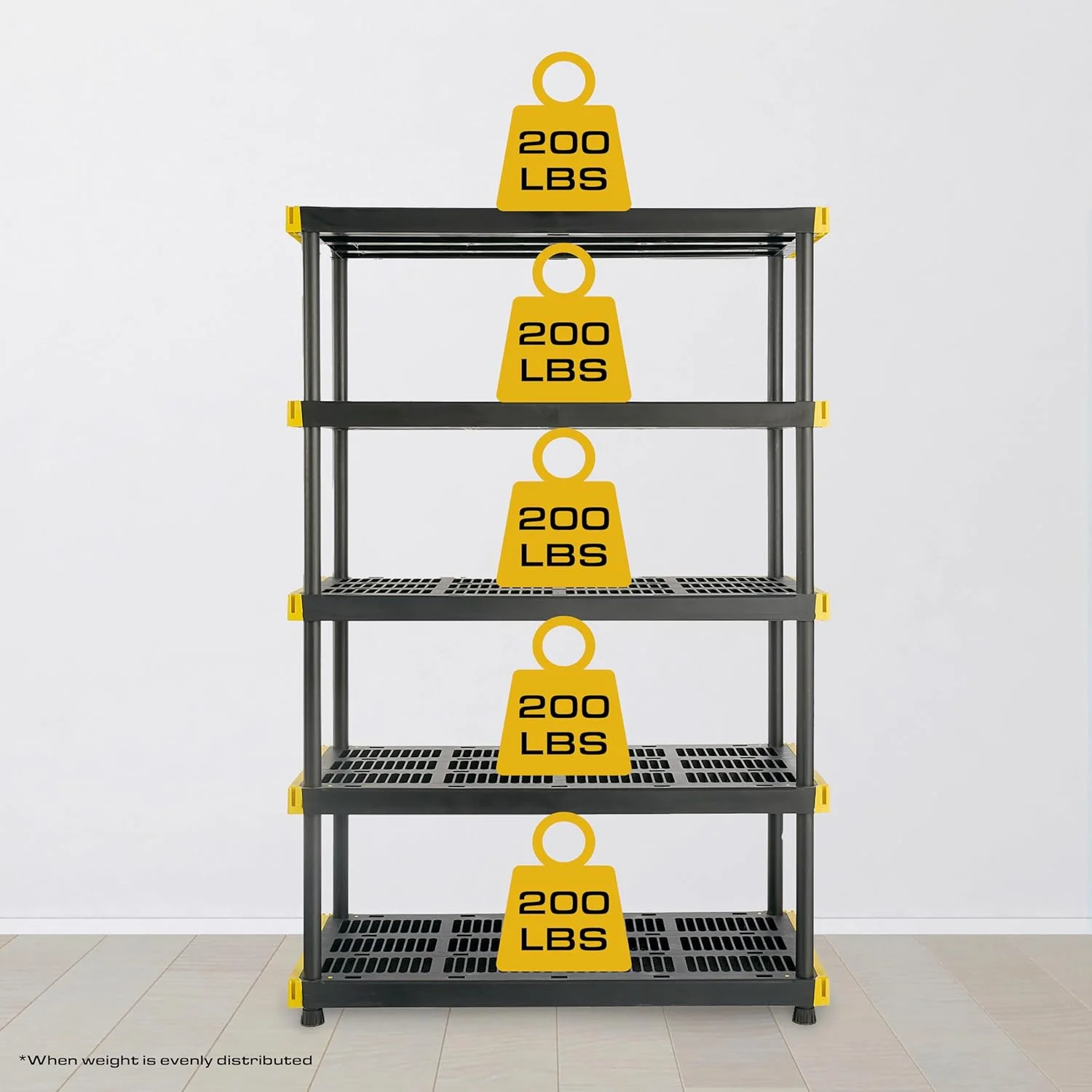 Black & Yellow, 5-Tier Heavy Duty Plastic Storage Shelving Unit, 200lbs/shelf (72H x 48W x 20D), for Indoor/Outdoor Organization, Modular Rack