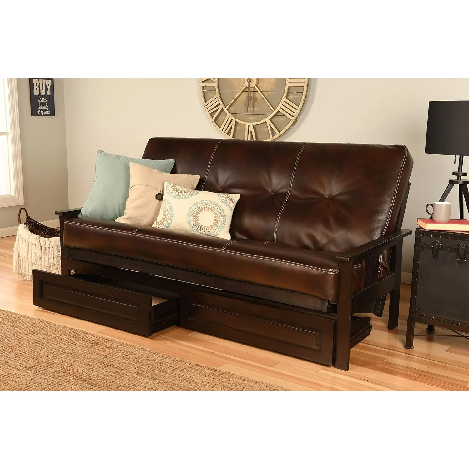 Homestock African Artifacts Full Size Futon Frame Set with Mattress, Easily Converts to Bed, Versatile Design Futon Frame for All Spaces, 33"H x 79"L x 37"D-Color:Linen Charcoal,Size:Barbados