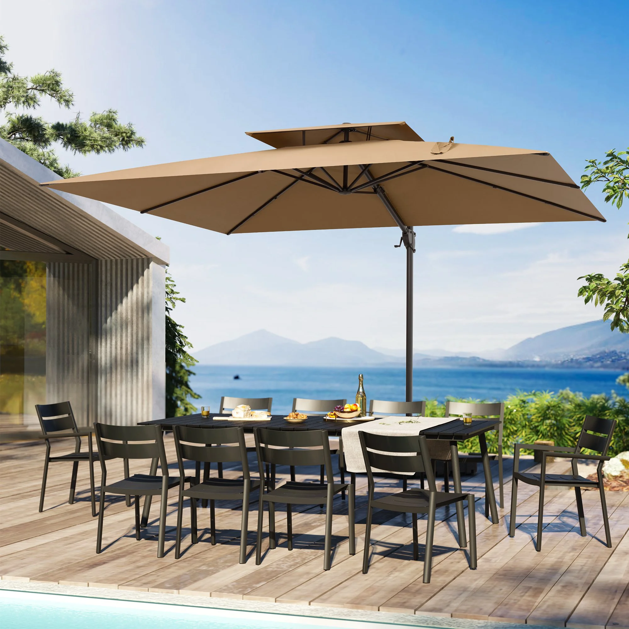 Pellebant 11 ft. x 9 ft. Rectangular Double Top Patio Cantilever Umbrella, Black