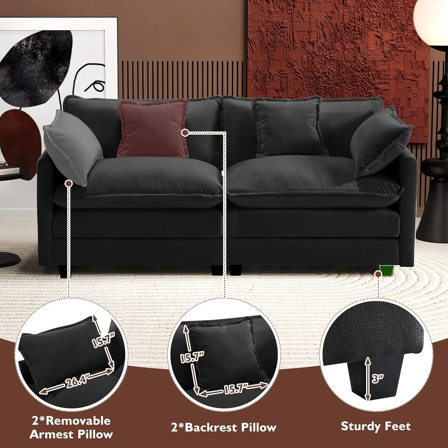Ihanherry 146" U-Shaped Modern Sofa Modular Sectional Cloud Couch with 2 Ottoman, 6-Seat Chenille Deep Seat Sofa with 6 Pillows for Living Room, Bedroom and Apartment, Grey