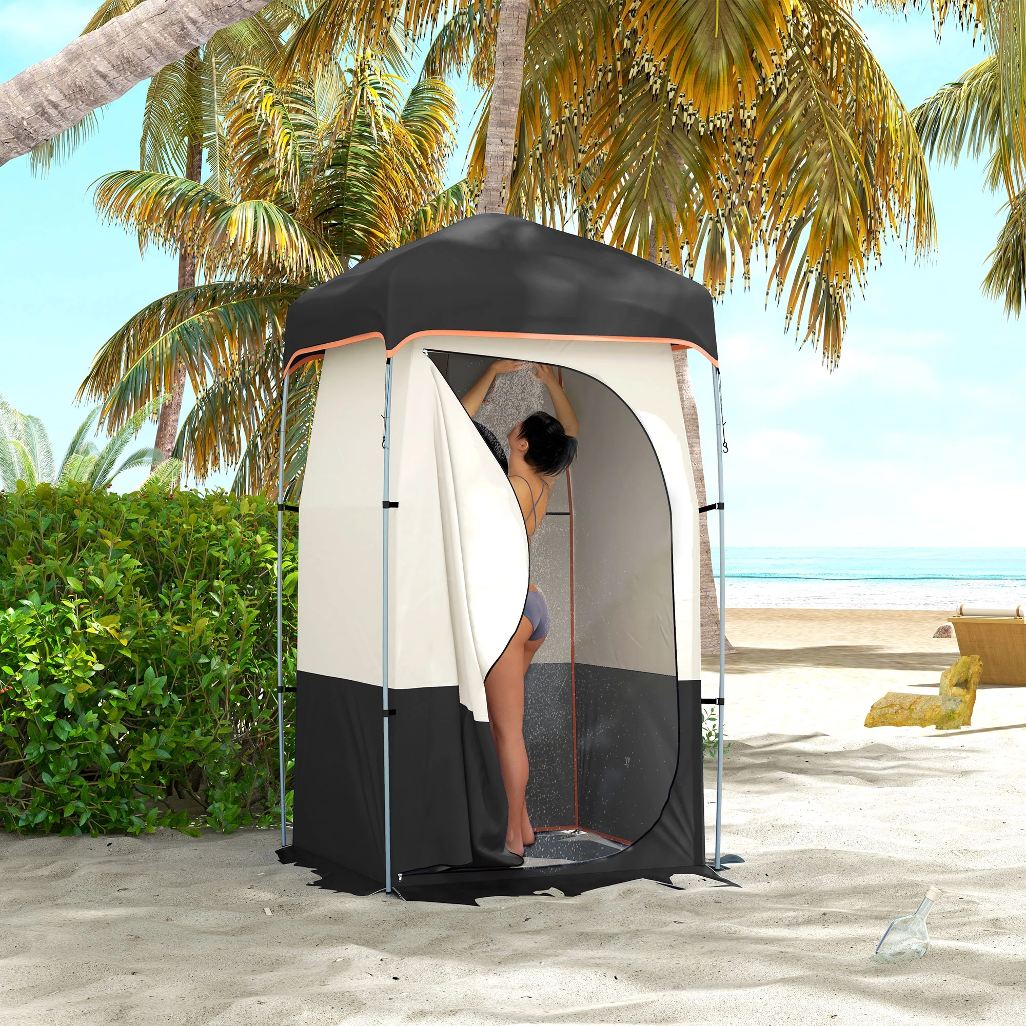 E-Western Outsunny Portable Shower Tent with Solar Shower Bag, Privacy Shelter, Camping Dressing Room, Includes Floor & Carrying Bag, Black, 28.7" x 6.7" x 6.7"