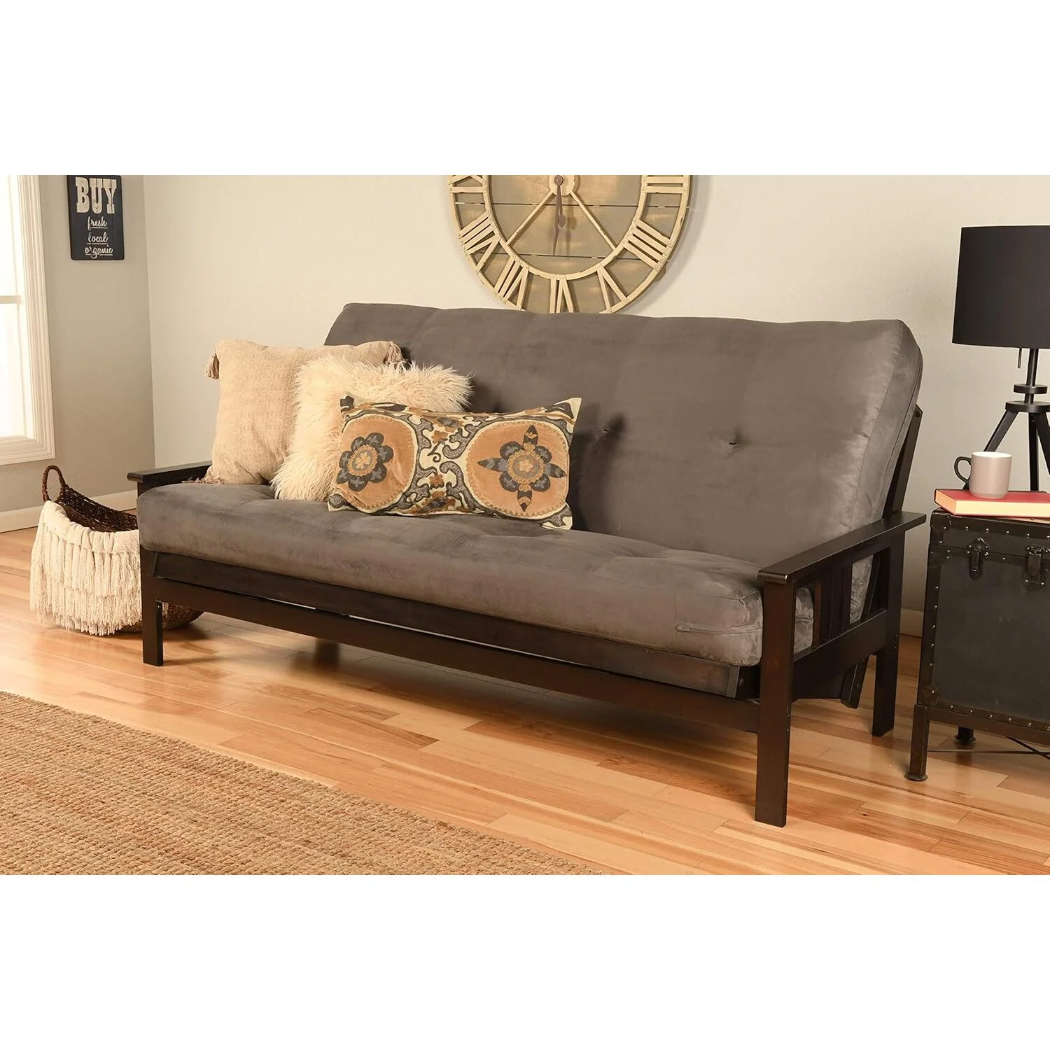 Homestock African Artifacts Full Size Futon Frame Set with Mattress, Easily Converts to Bed, Versatile Design Futon Frame for All Spaces, 33"H x 79"L x 37"D-Color:Linen Charcoal,Size:Barbados