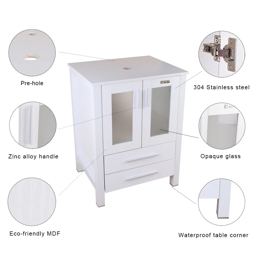 Eclife 24"W x 20"D x 32"H Classical Bathroom Vanity Vessel Sink Set with Faucet, Mirror White Vanity and Ocean Blue Square Glass Sink Pop up Drain Combo