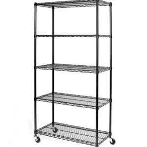 Ktaxon Commercial 5 Tier Shelf Adjustable Wire Metal Shelving Rack w/Rolling Black, 35''L x 18''W x 71''H, Capacity for 750 lbs