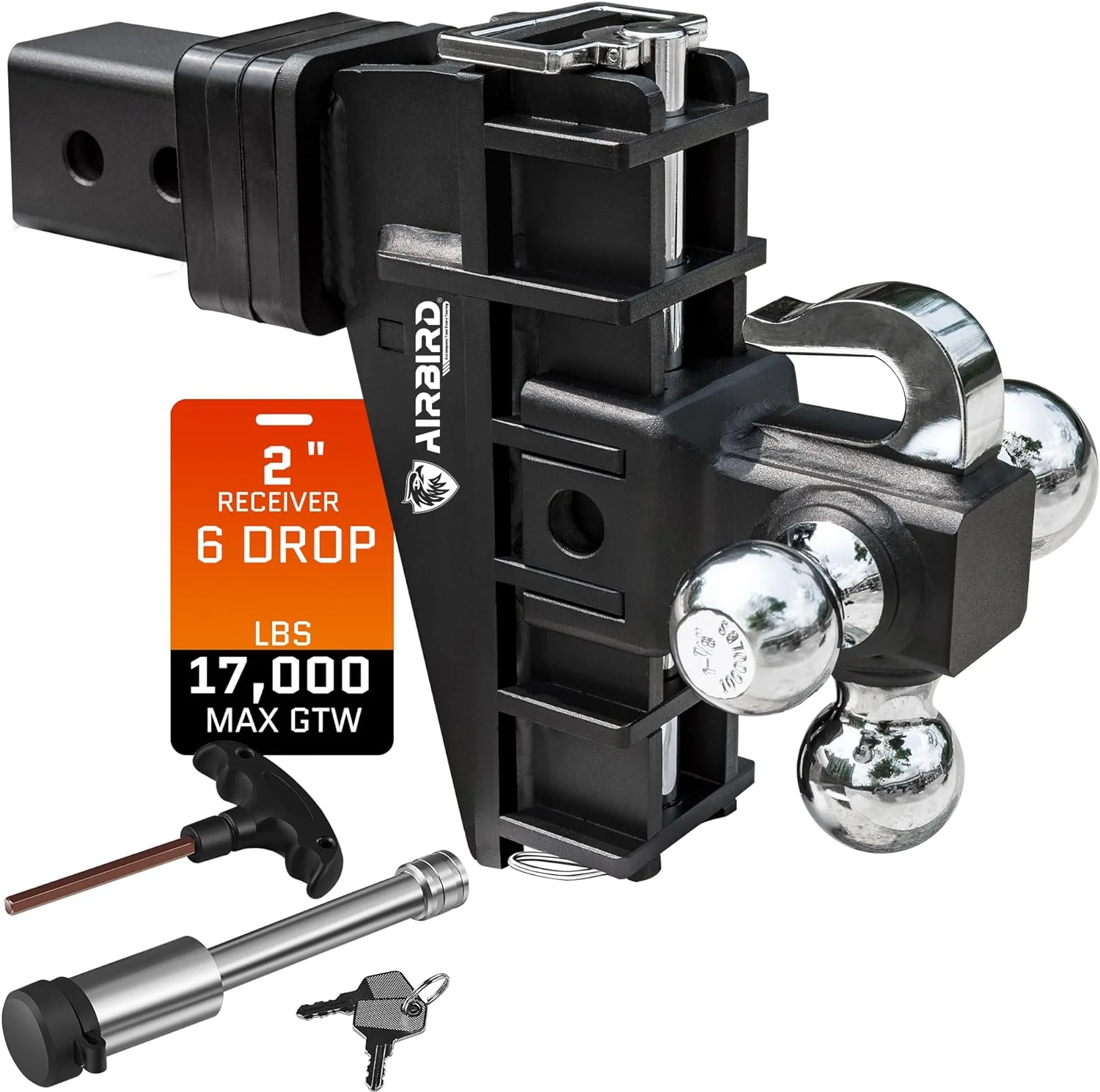 Adjustable Trailer Hitch Fits 2-Inch Receiver, Heavy Duty Tow Hitches (17000 LBS GTW) 6 Inch Drop Truck Hitch Tri-Ball Mount with Hook (1-7/8" x 2" x 2-5/16")