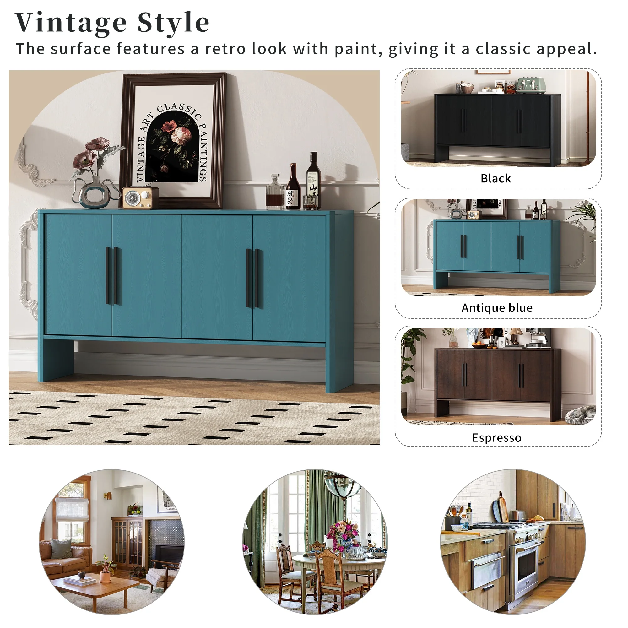 Accent Cabinet with 4 Doors, TUANLUO Buffet Cabinet with Adjustable Shelves, Wood Storage Cabinet, Modern Accent Cabinet Furniture for Hallway Entryway Living Room, 59"L x 15.7"W x 33.2"H, Blue