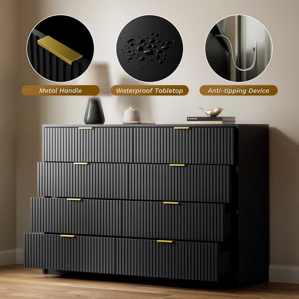 Furniway Black Dresser for Bedroom, 8 Drawer Double Dresser, Modern Chest of Drawers for Bedroom, Living Room, Entryway and Closet, 55" L x 15.7" D x 37.4" H