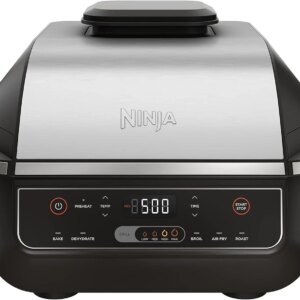 Ninja | Indoor Grill | Foodi | 5-in-1 (Grill, Air Fry, Roast, Bake, and Dehydrate | Fits up to 3lb Roast | Smoke Control System and Dishwasher Safe Parts| Black/Grey | AG301