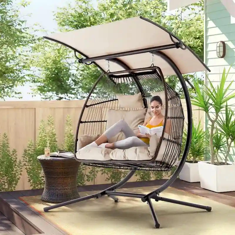 Outdoor Swing Loveseat with Stand, Foldable Hanging Chair, Hammock Cushion, and Awning, Double Egg Chair – Beige
