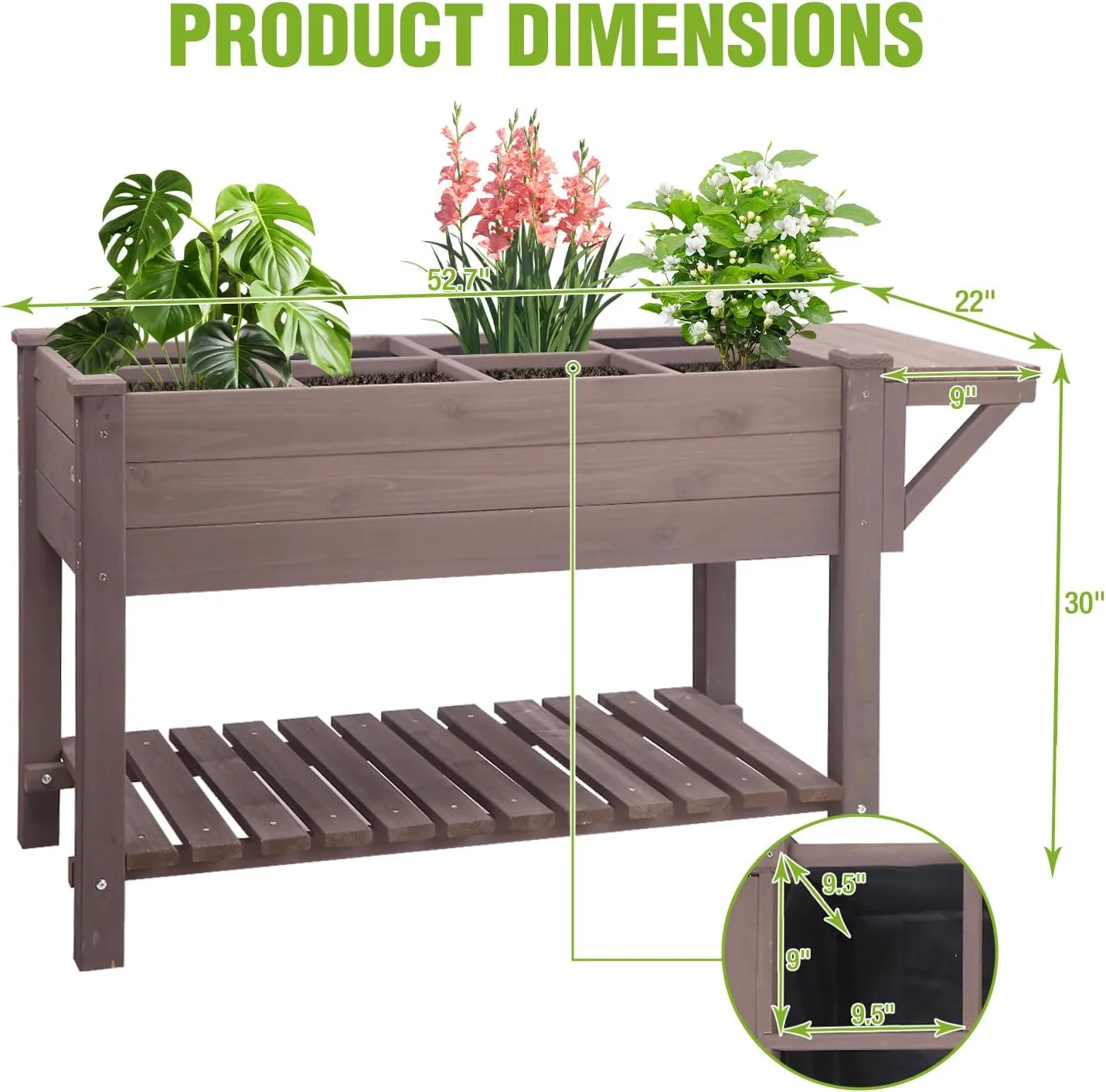 MEDEHOO Elevated Wooden Planter Box with Locking Casters - 52.7" L x 22" W x 30" H Raised Garden Bed, Removable Liner & 230lb Weight Capacity for Outdoor Plants