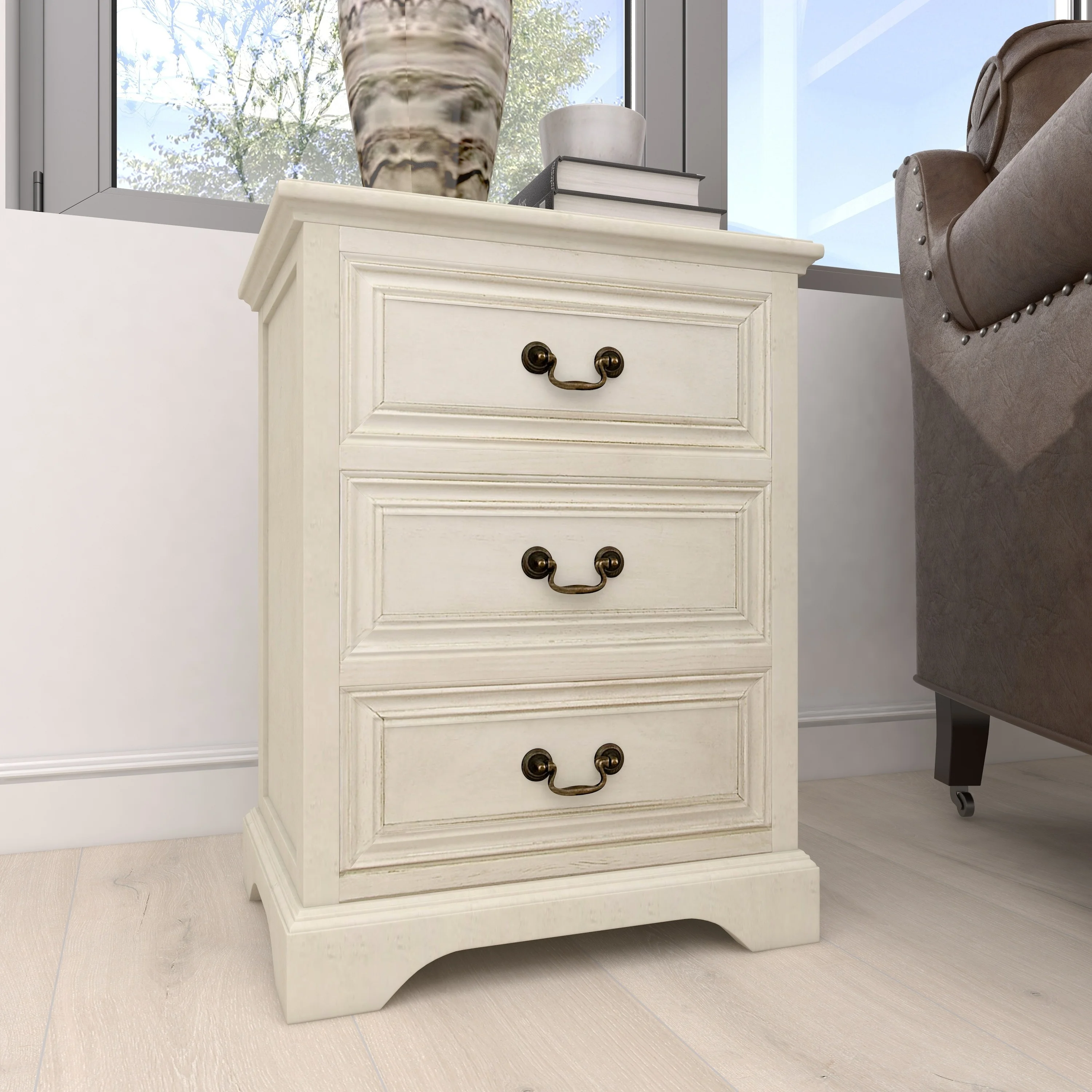 DecMode 17" x 25" Cream Wood 3 Drawer Cabinet, 1-Piece