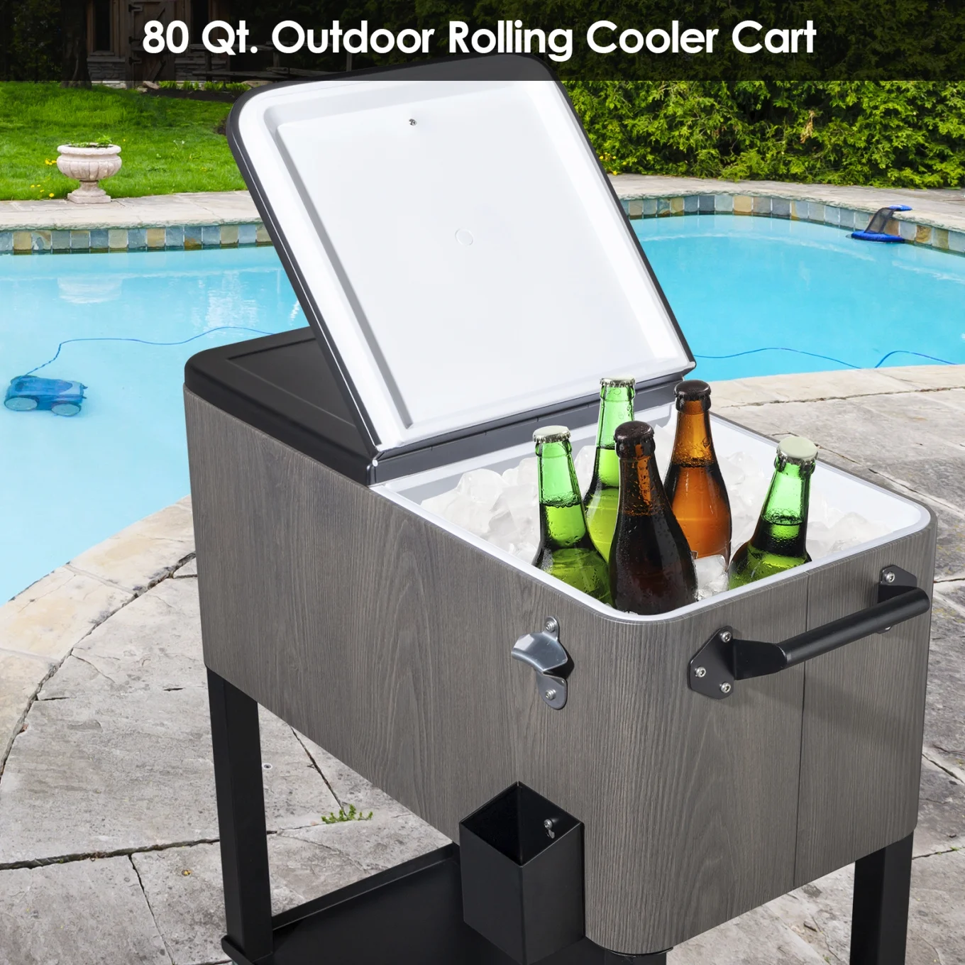 80Qt All-In-One Cooler Cart With Bottle Opener, Lower Storage Shelf and Cap Catcher, Outdoor Party Rolling Cooler With Lockable Wheels For Pool Side, Patio, Balcony, Mint(33.07 x 15.16 x 35.83)"