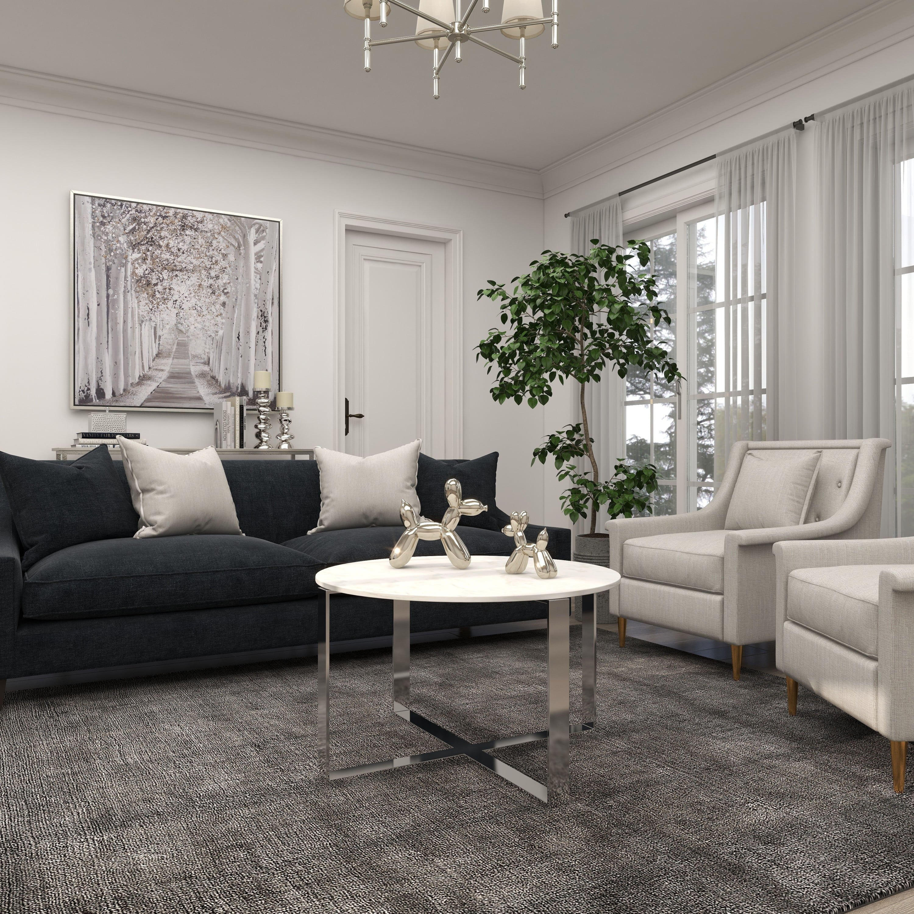 DecMode 31" x 18" White Ceramic Coffee Table with Marble Top, 1-Piece