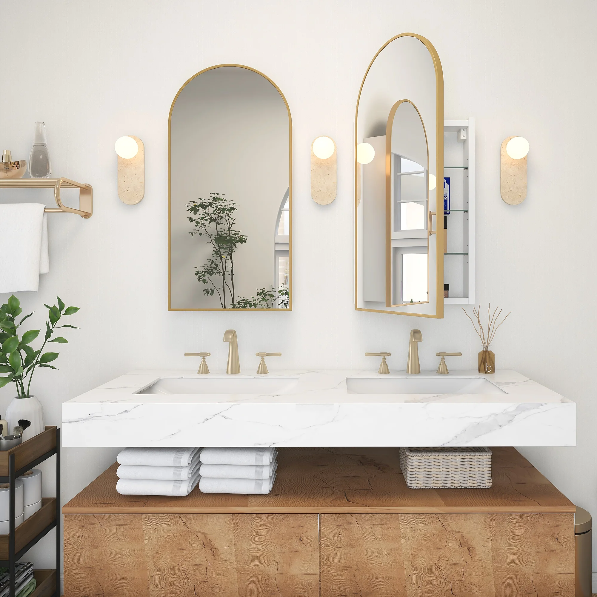 FKWin Arched Bathroom Medicine Cabinet with Mirror - Aluminum Framed Bathroom Mirror with Storage, Black Mirrored Medicine Cabinet, Wall Surface Mounted, 31.4"H x 15.7"W x 3.9"D