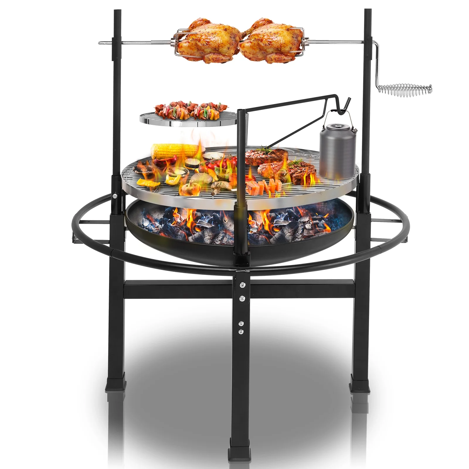 Hassch Round Iron Spray Grill Barbecue Grill Charcoal Grill Outdoor Grill Rotisserie Grill Grilling Grate Portable Outdoor Grill 33″L x 33″W x 43″H, Black