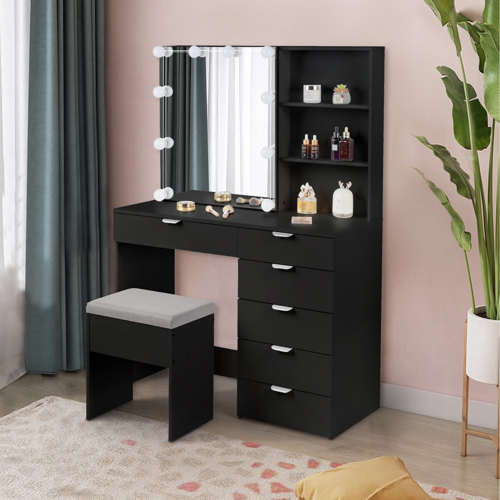 Ktaxon Vanity Set with 3 Color Lighted Mirror, Makeup Table with 6 Drawers, Dressing Table Makeup Desk with Stool, White