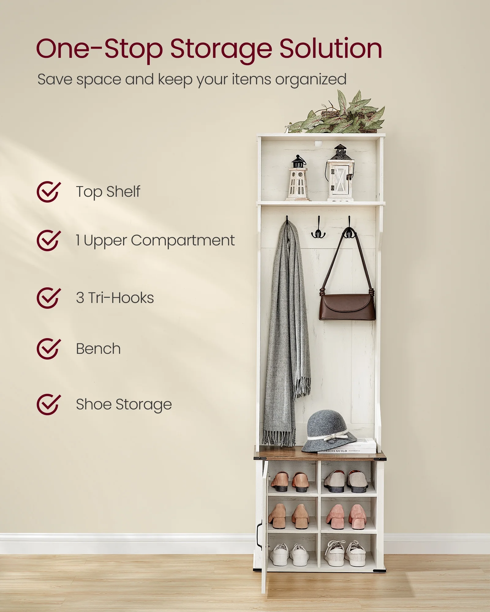 Farmhouse-Inspired Entryway Organizer, Triple Hooks & Built-In Shoe Bench, Hall Tree Entryway Bench for Mudroom & Foyer, Space-Saving Coat Rack with Storage Cabinet, Rustic White and Honey Brown