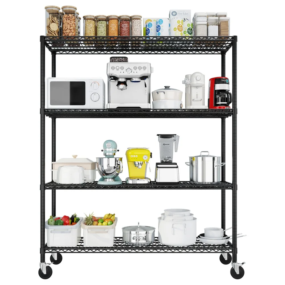 IVV 4-Tier Wire Shelving Unit on Wheels, Rolling Metal Storage Utility Rack, 2500LBS Capacity, Height Adjustable for Restaurant Garage Pantry Kitchen, 55.12″L x 23.62″W x 75.59″H, Black