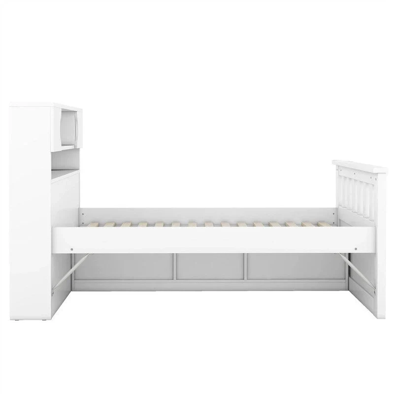 Twin/Full Size Captain Platform Bed with 4 Drawers and Storage Shelves, Solid Wood Bed Frame with Storage Bookcase Headboard