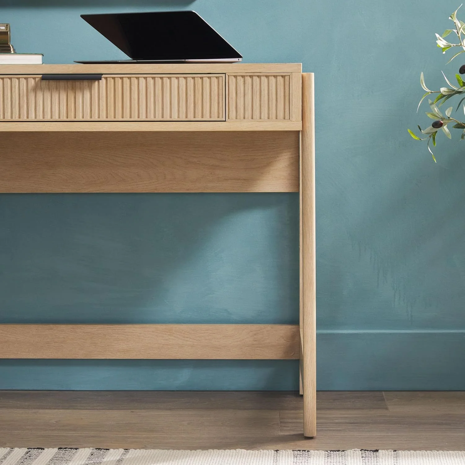 LHHP Transitional Style Furniture, Reeded Detail, Lift-Top Desk with Drawer and Storage Cubby, Sitting to Standing Desk, Soft Self-Close Desktop, 38W x 16.75D x 30H, Coastal Oak