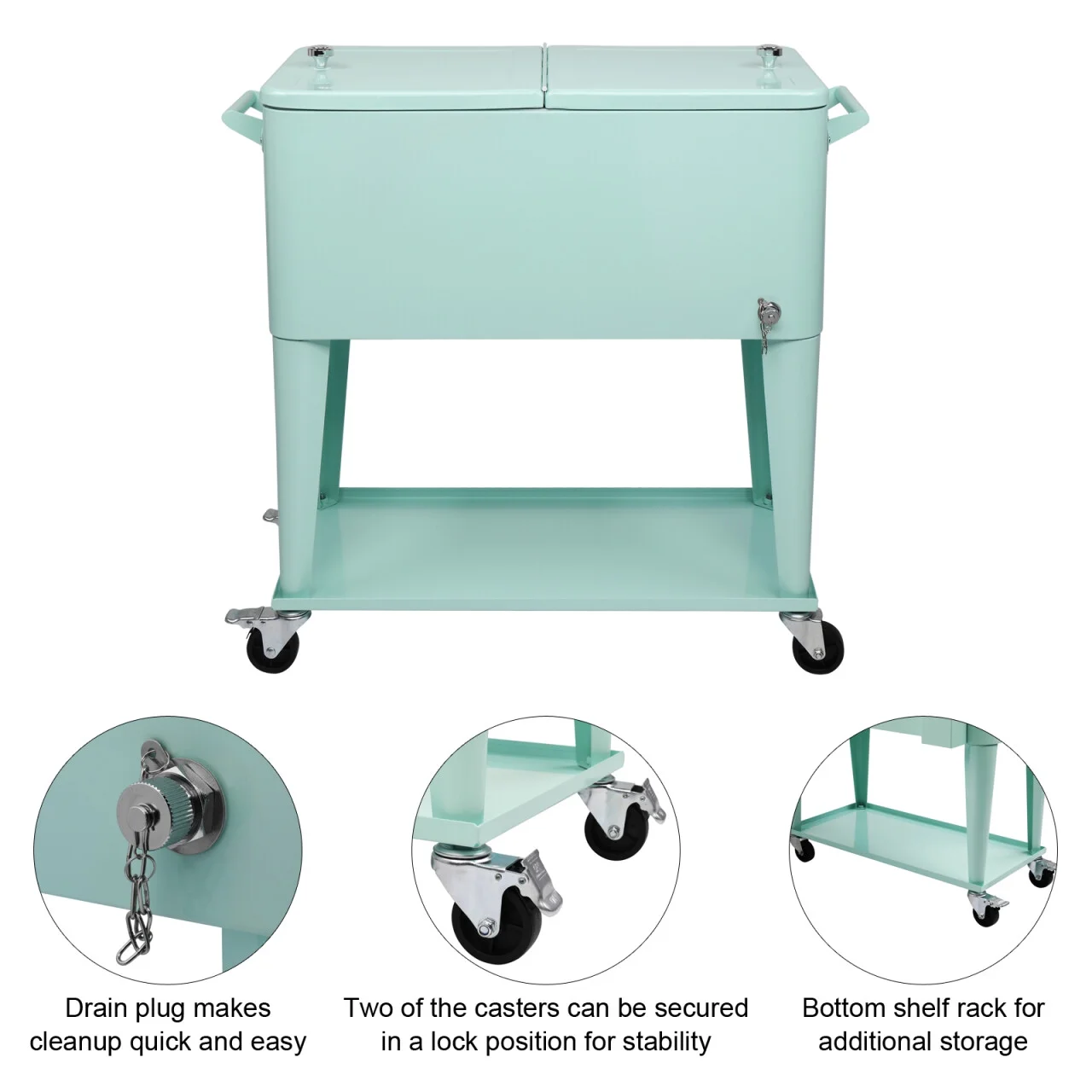 80Qt All-In-One Cooler Cart With Bottle Opener, Lower Storage Shelf and Cap Catcher, Outdoor Party Rolling Cooler With Lockable Wheels For Pool Side, Patio, Balcony, Mint(33.07 x 15.16 x 35.83)"