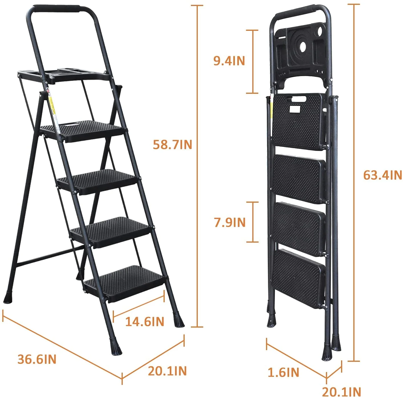 HBTower 4 Step Ladder with Handrails and Tool Bag, Folding Step Stool with Attachable  Anti-Slip Wide Pedal, Black