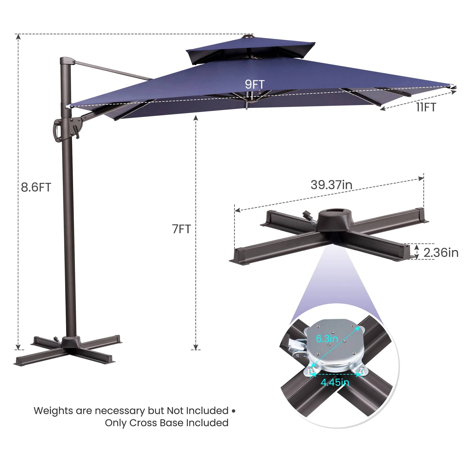 Pellebant 11 ft. x 9 ft. Rectangular Double Top Patio Cantilever Umbrella, Black