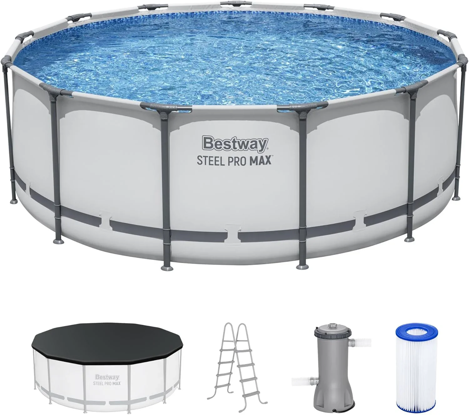 Steel Pro MAX 14 Foot x 48 Inch Round Metal Frame Above Ground Outdoor Swimming Pool Set with 1,000 Filter Pump, Ladder, and Cover, Gray