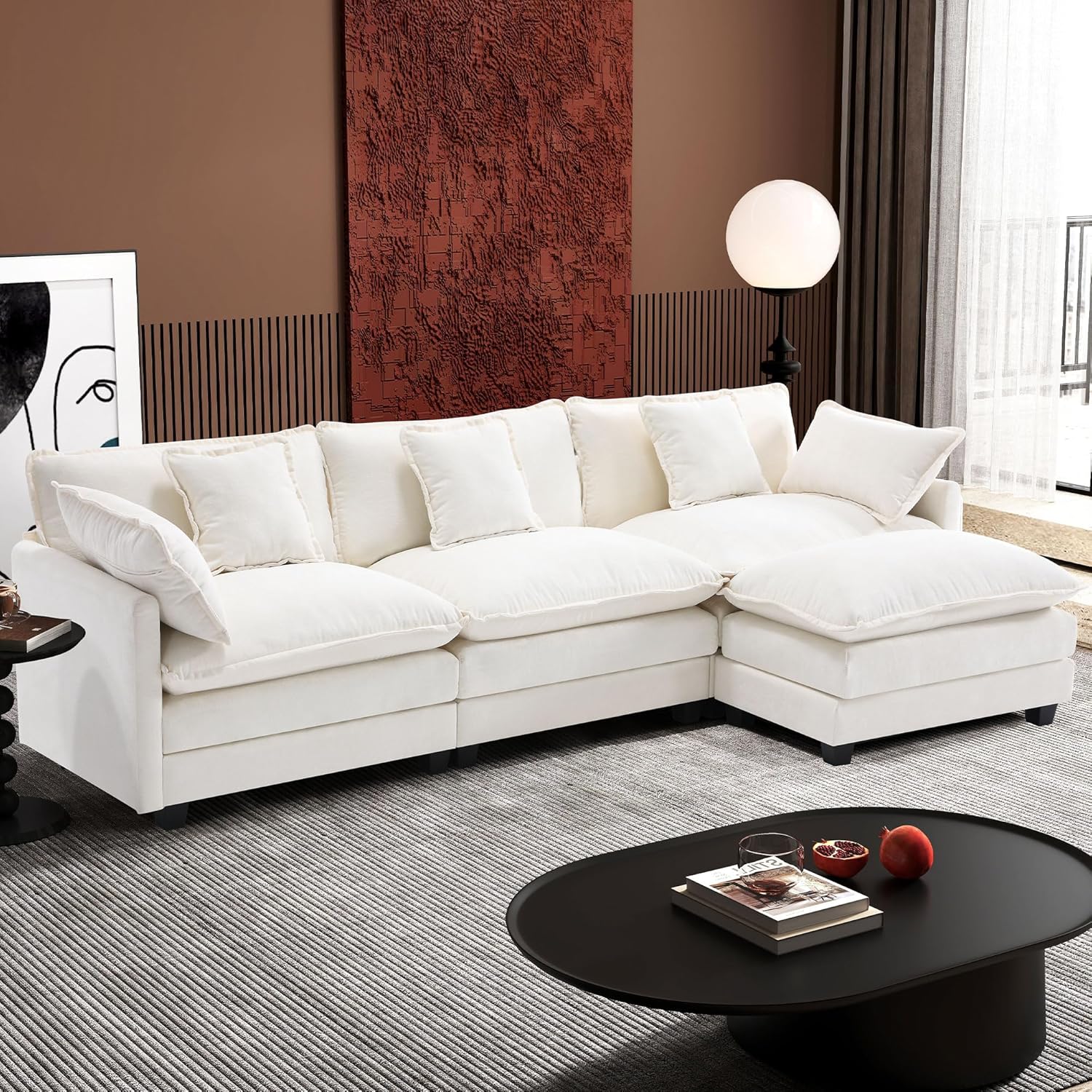 Ihanherry 146" U-Shaped Modern Sofa Modular Sectional Cloud Couch with 2 Ottoman, 6-Seat Chenille Deep Seat Sofa with 6 Pillows for Living Room, Bedroom and Apartment, Grey