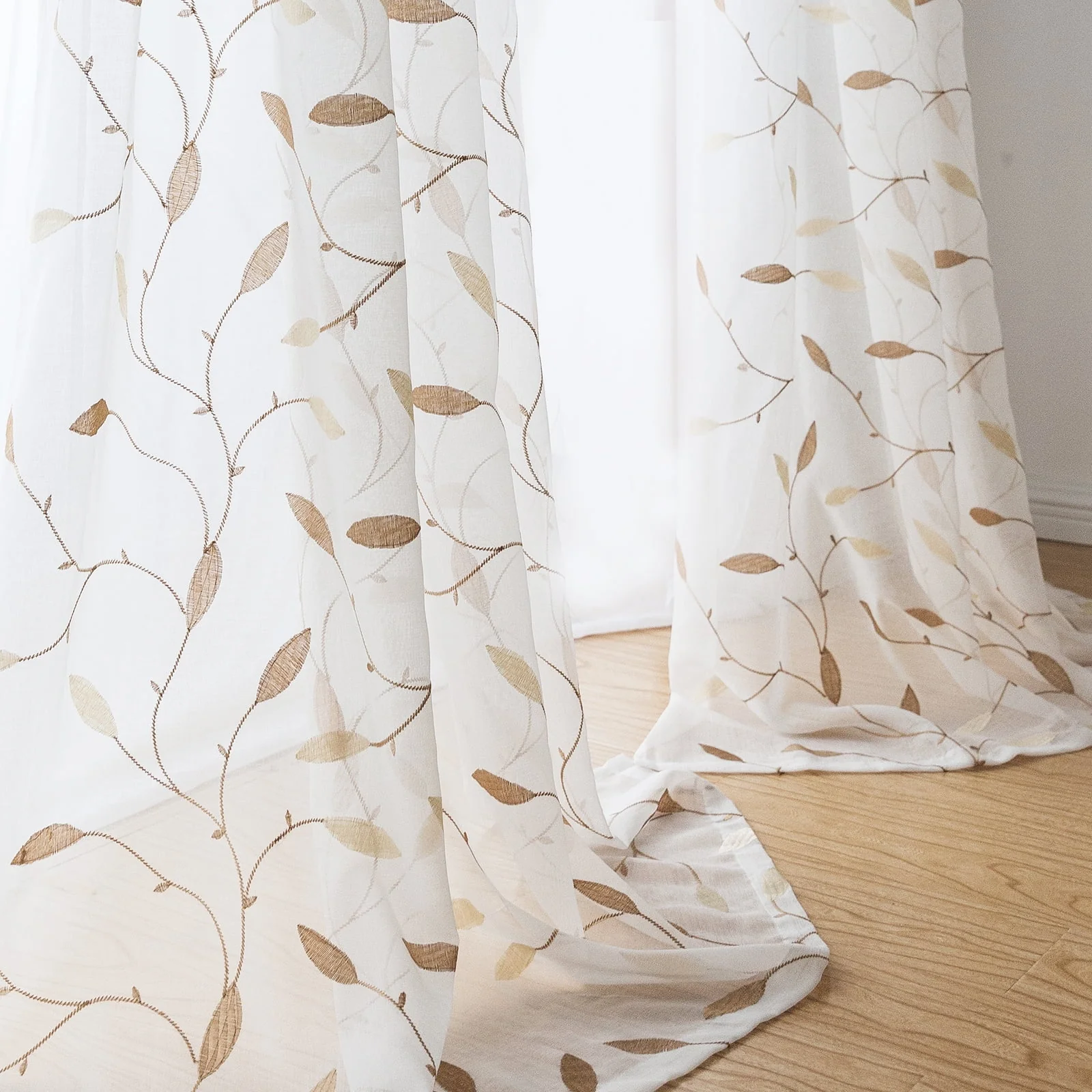 Curtainking Farmhouse Leaf Embroidery Grommet Sheer Curtains, 58" x 84" (2 Panels)