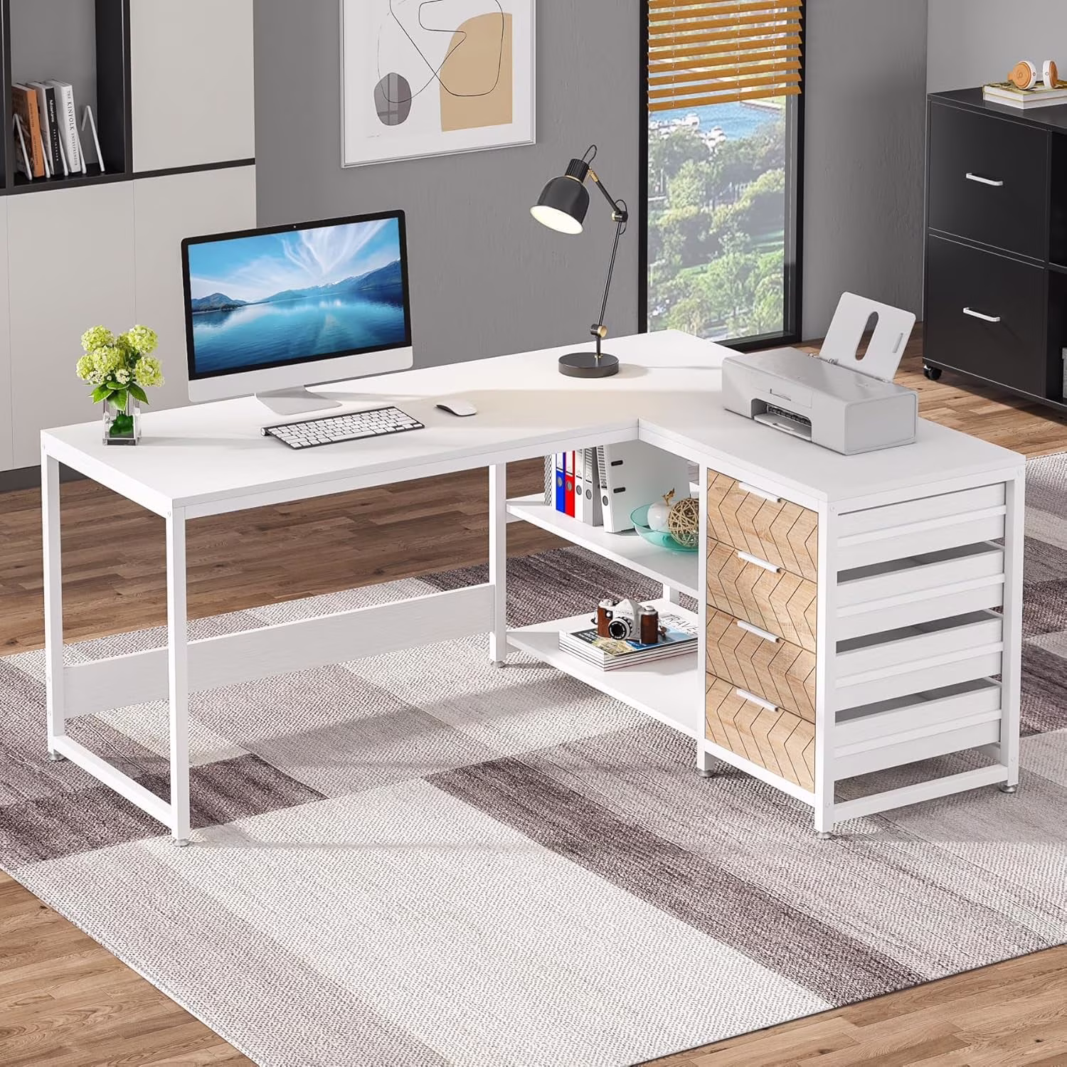 Tribesigns 59″ L-Shaped Office Desk, Modern Reversible Computer Study Desk for Home Office, White