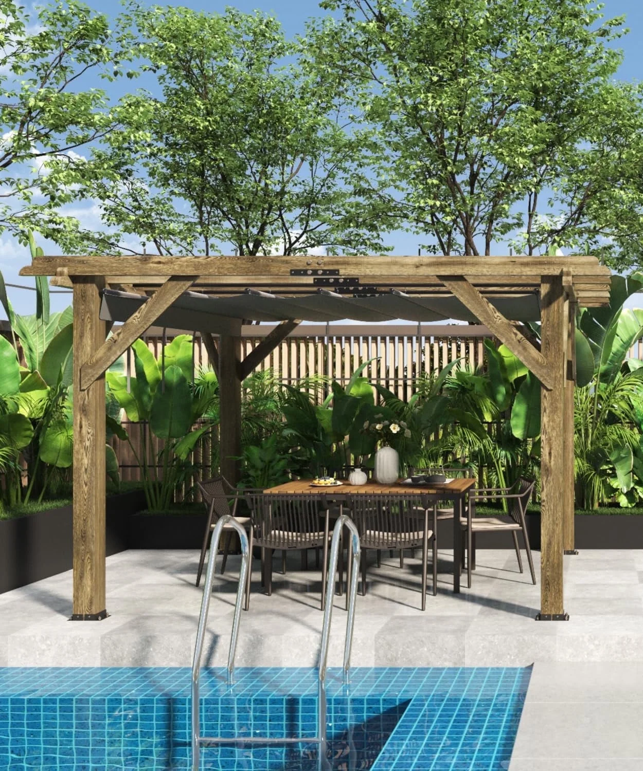 Garvee 10 x 10 feet Wood Pergola, Retractable Shade Canopy, Oak Color