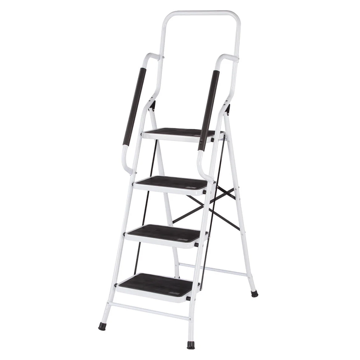 LivingSURE Folding 4-Step Safety Ladder – Heavy Duty Steel, Anti-Slip Treads, Padded Handrails – Space Saving Design – Perfect for Home, Kitchen, Office – 32 x 21 x 66 inches