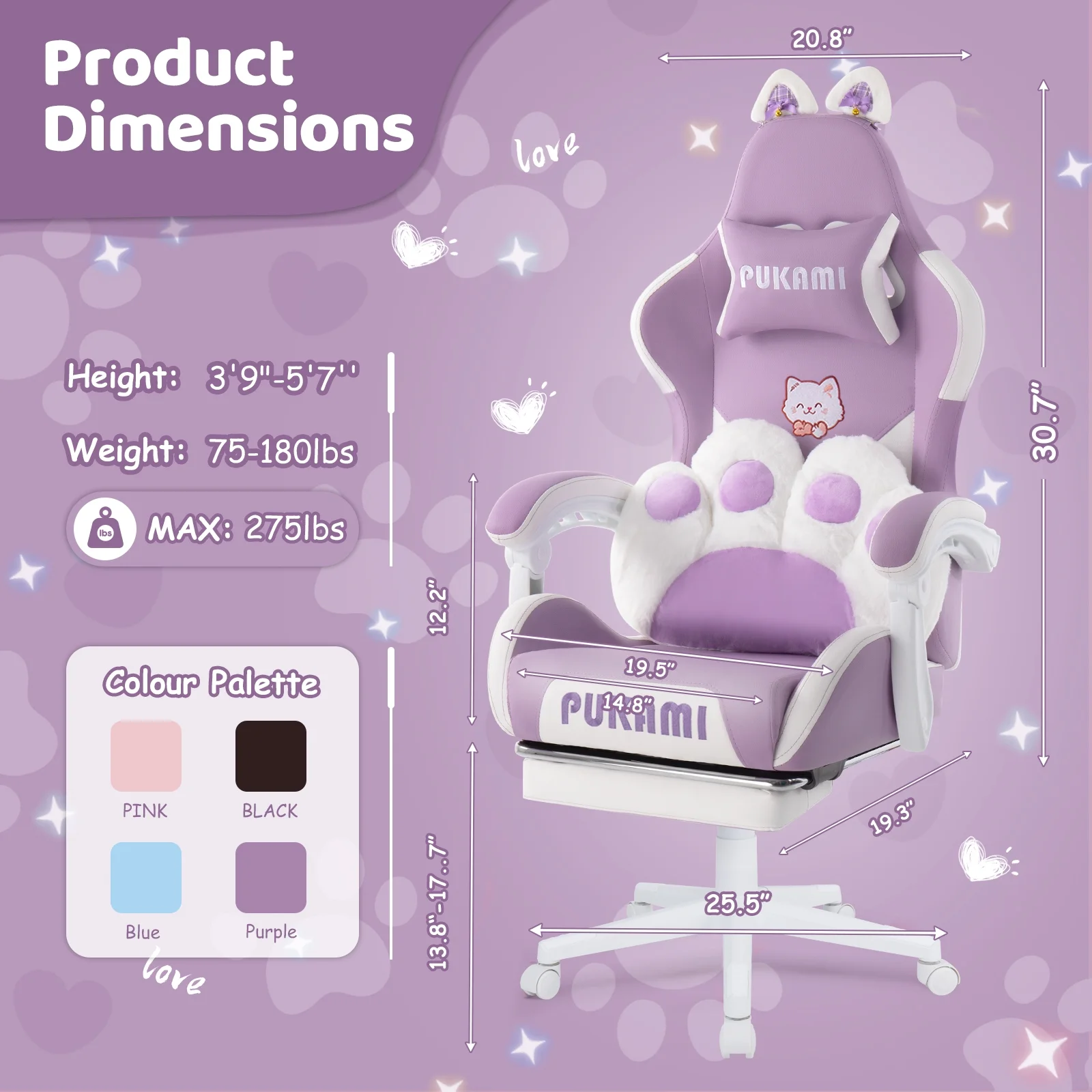 Waleaf Pink Gaming Chair with Cat Paw Lumbar Cushion and Cat Ears for Girls, Reclining Office Computer Chair with Footrest for Adults, Teens