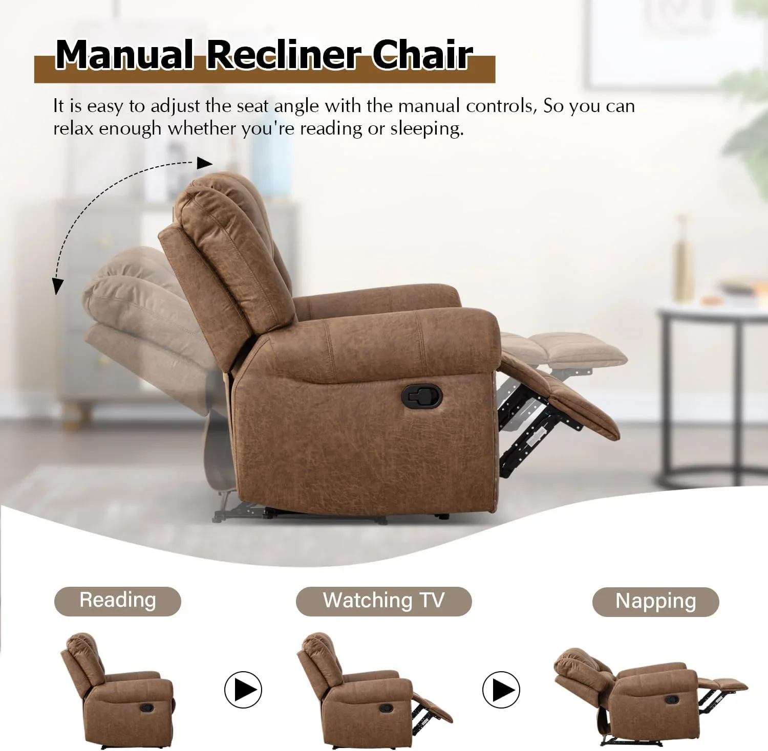 CANMOV Leather Recliner Chair, Classic and Traditional Manual Recliner Chair with Comfortable Arms and Back Single Sofa for Living Room, Nut Brown
