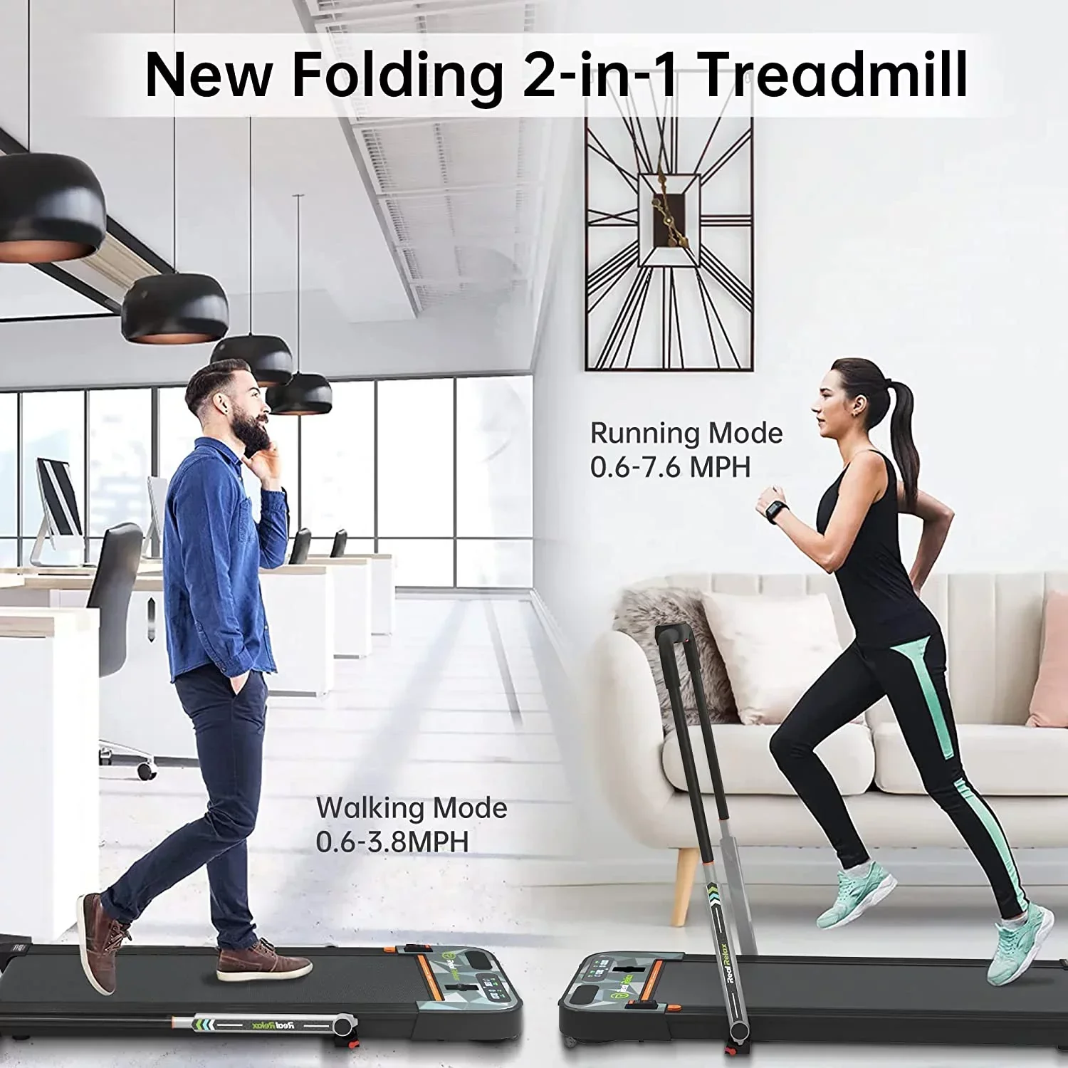Real Relax 2 In 1 Folding Treadmill, 2.25HP, 42.5x17 Inch Belt - Home Office