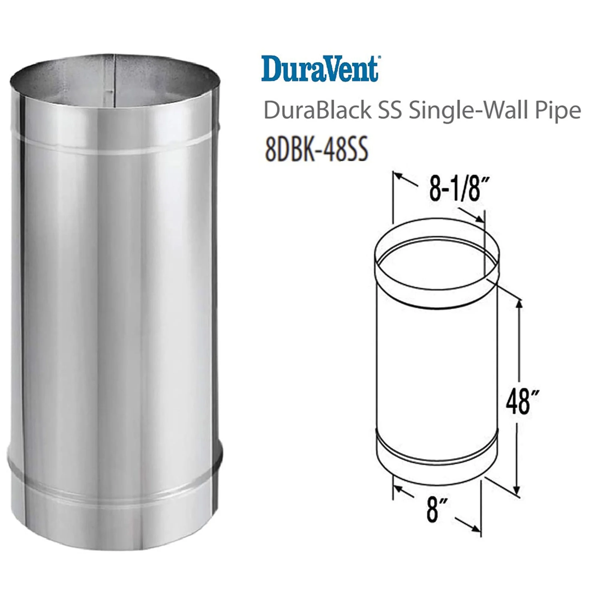 DuraVent DuraBlack 48 x 8 Inch Stainless Steel Single Wall Stove Pipe